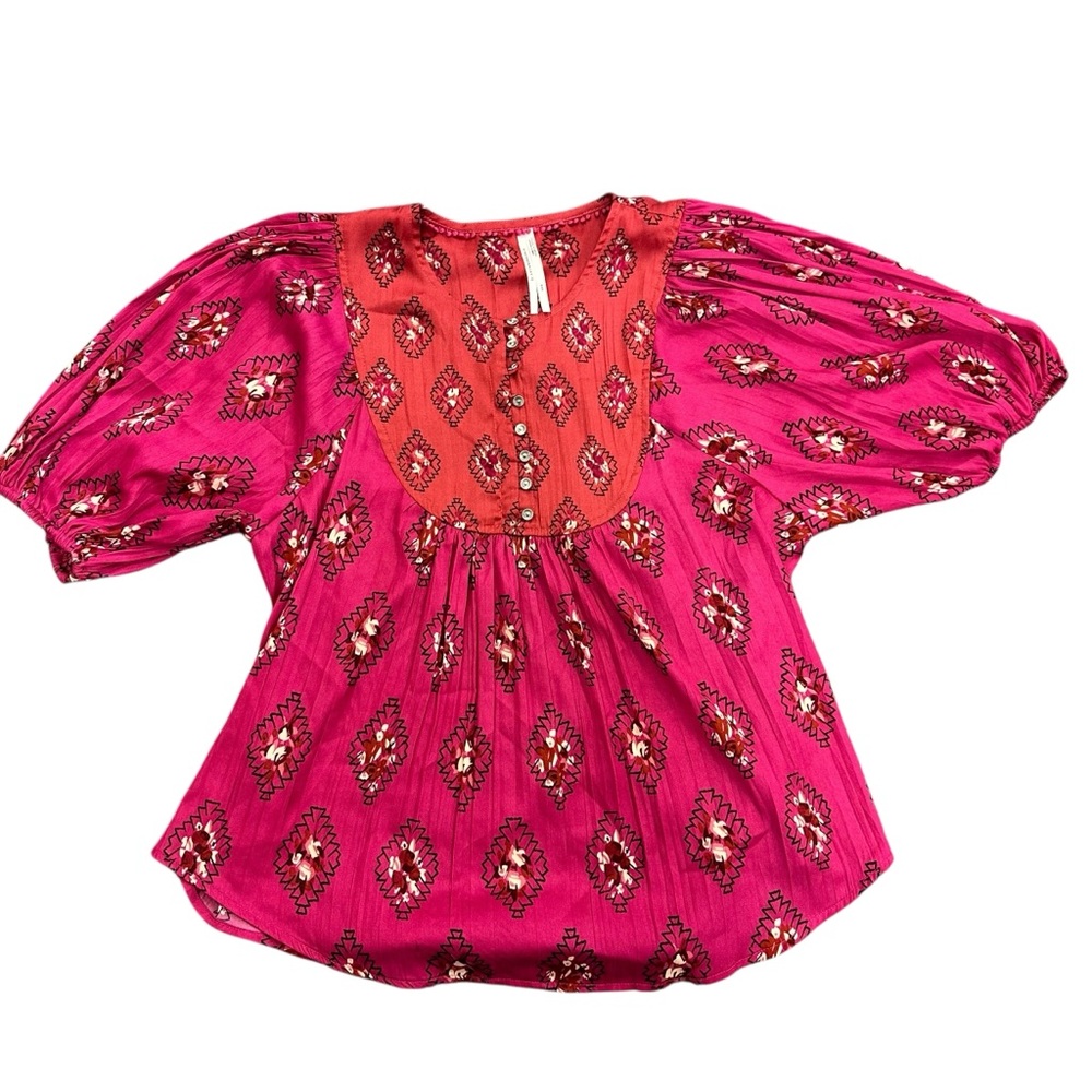 Anthropologie Top Pink Diamond Print Flowy Balloon Bohemian Blouse Size XXS‎